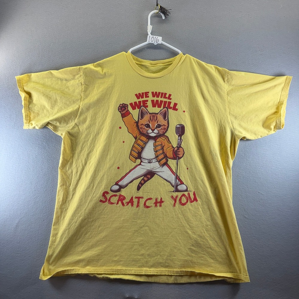 We Will Scratch You Cat Freddie Mercury Queen Parody Yellow Graphic T-Shirt XL